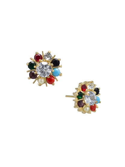 Gold Plated Navratan Floral American Diamond Studded Earrings