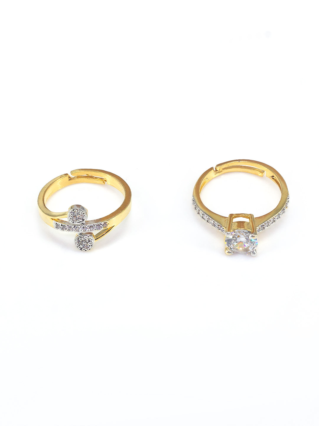 Set Of Two Gold Plated Solitaire American Diamond Trendy Adjustable Finger Rings