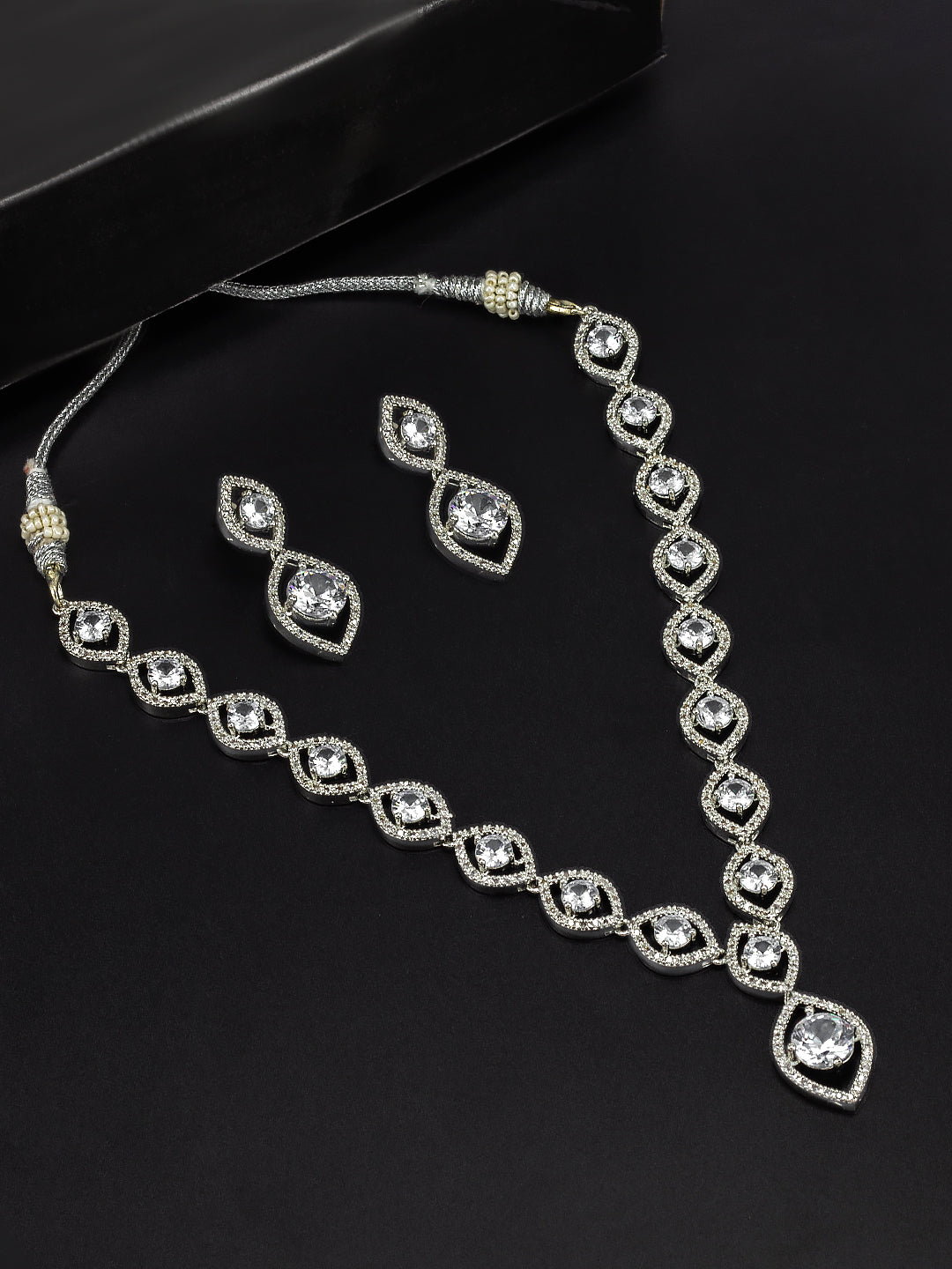 Rhodium-Plated American Diamond Studded Long Necklace & Earrings Set