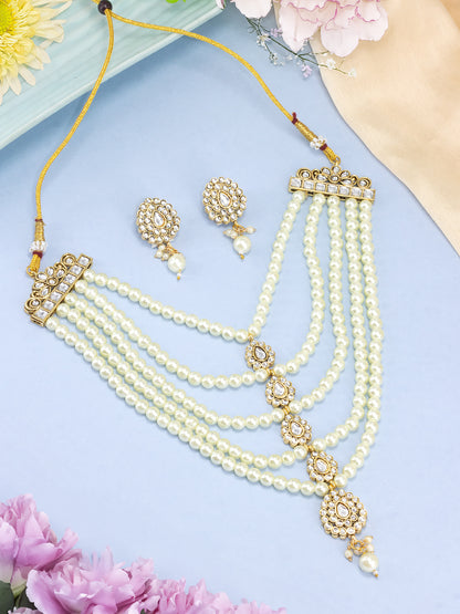 Gold-Plated Pearl-Studded & Kundan-Beaded Multi Layered Jewellery Set With Maangtika