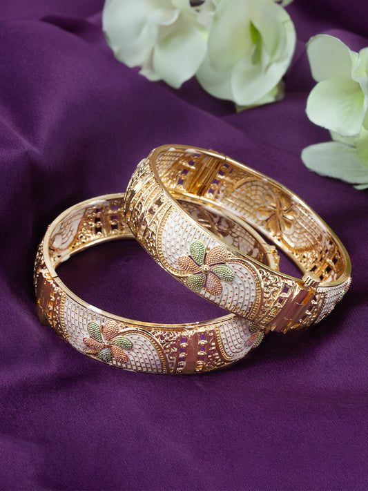 Gold Plated Chunky Floral Meenakari Bangle Pair