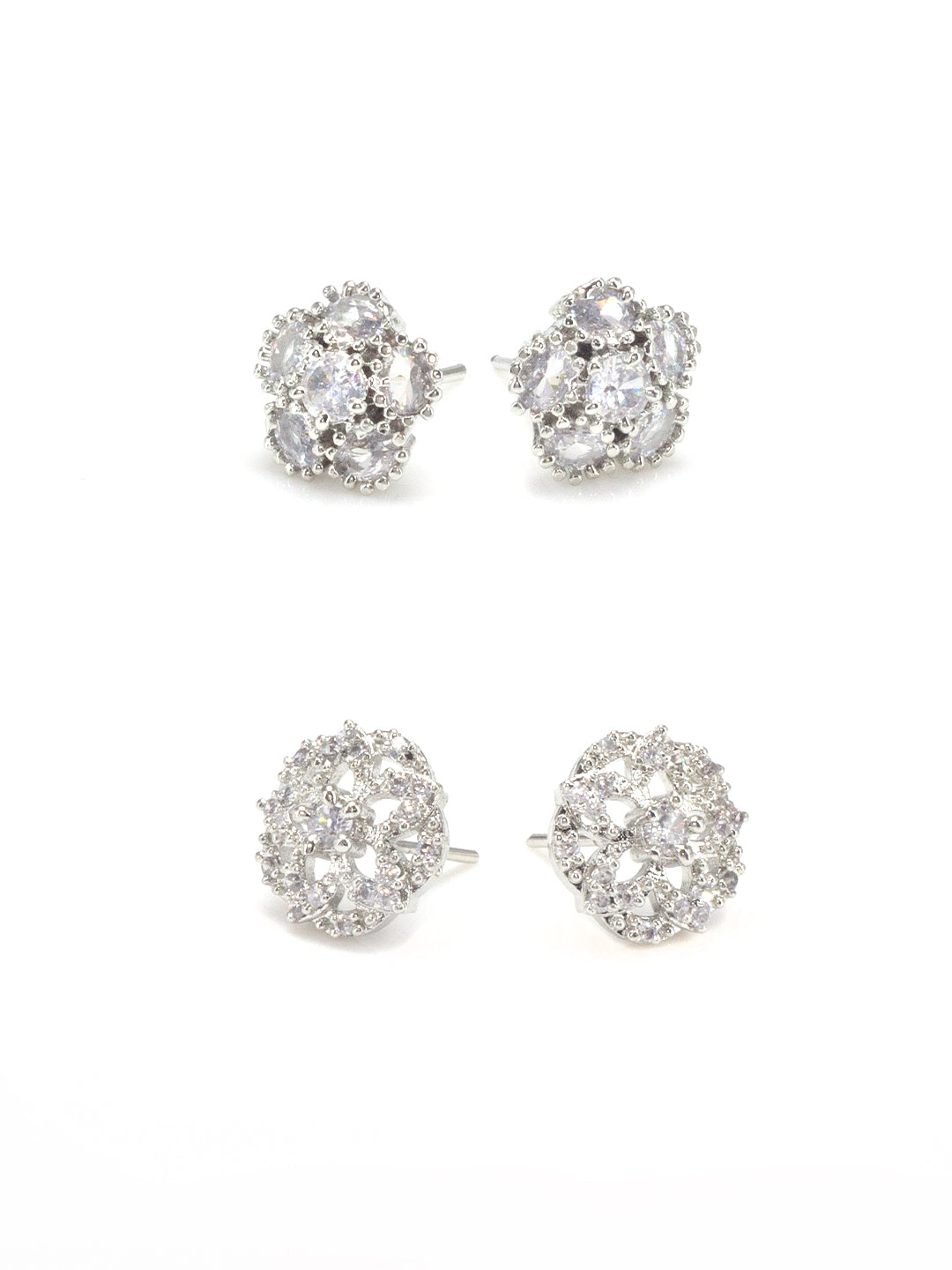 Set Of Two Rhodium Plated Floral American Diamond Earrings