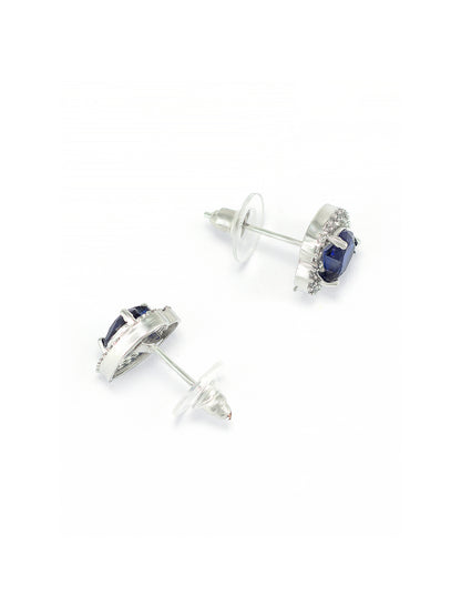 Rhodium Plated Blue Heart American Diamond Stud Trendy Earrings