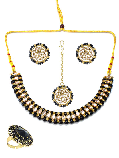 Gold-Plated Black Stone Studded & Beaded Jewellery Set With Maangtika & Adjustable Finger Ring