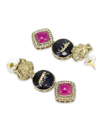 Gold Plated Pink Stone Studded Lion Shaped Drop Earrings