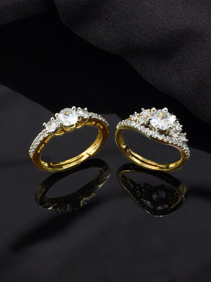 Set Of Two Gold Plated Solitaire & Leaf American Diamond Trendy Adjustable Finger Rings