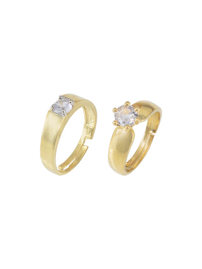 Trendy Set Of Two Gold Plated Solitaire American Diamond Adjustable Couple Rings