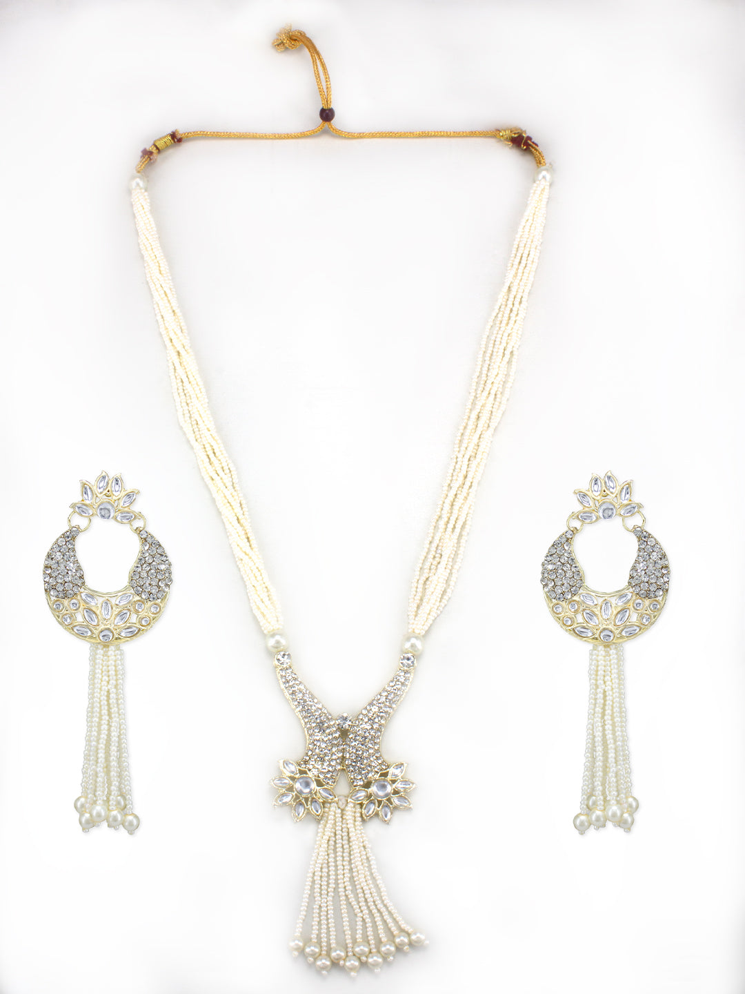 Gold Plated Kundan & Beaded Layered Long Necklace & Earrings