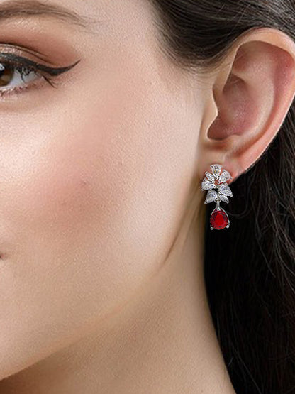 Rhodium Plated Red American Diamond Drop Earrings