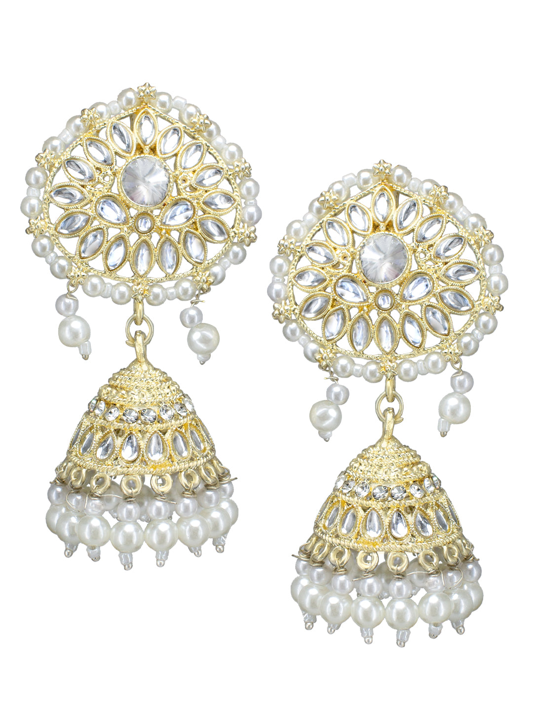 Gold- Plated Kundan Stone Studded & Pearl Beaded Jhumka Earrings With Maangtika