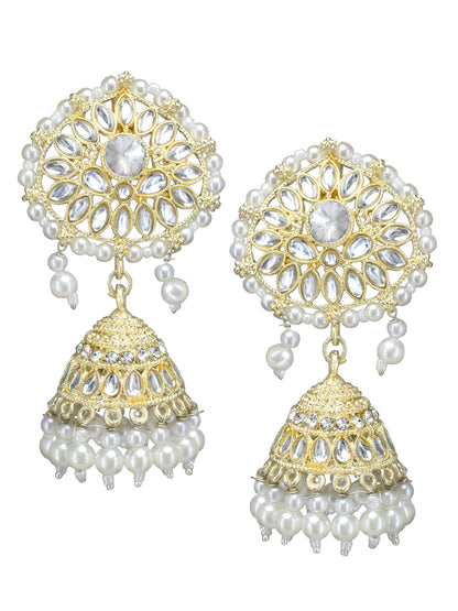 Gold- Plated Kundan Stone Studded & Pearl Beaded Jhumka Earrings With Maangtika