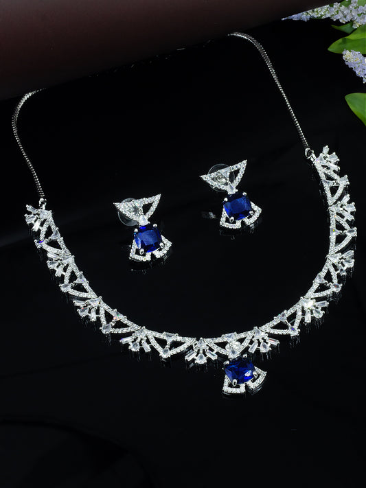 Rhodium Plated Blue American Diamond Jewellery Set