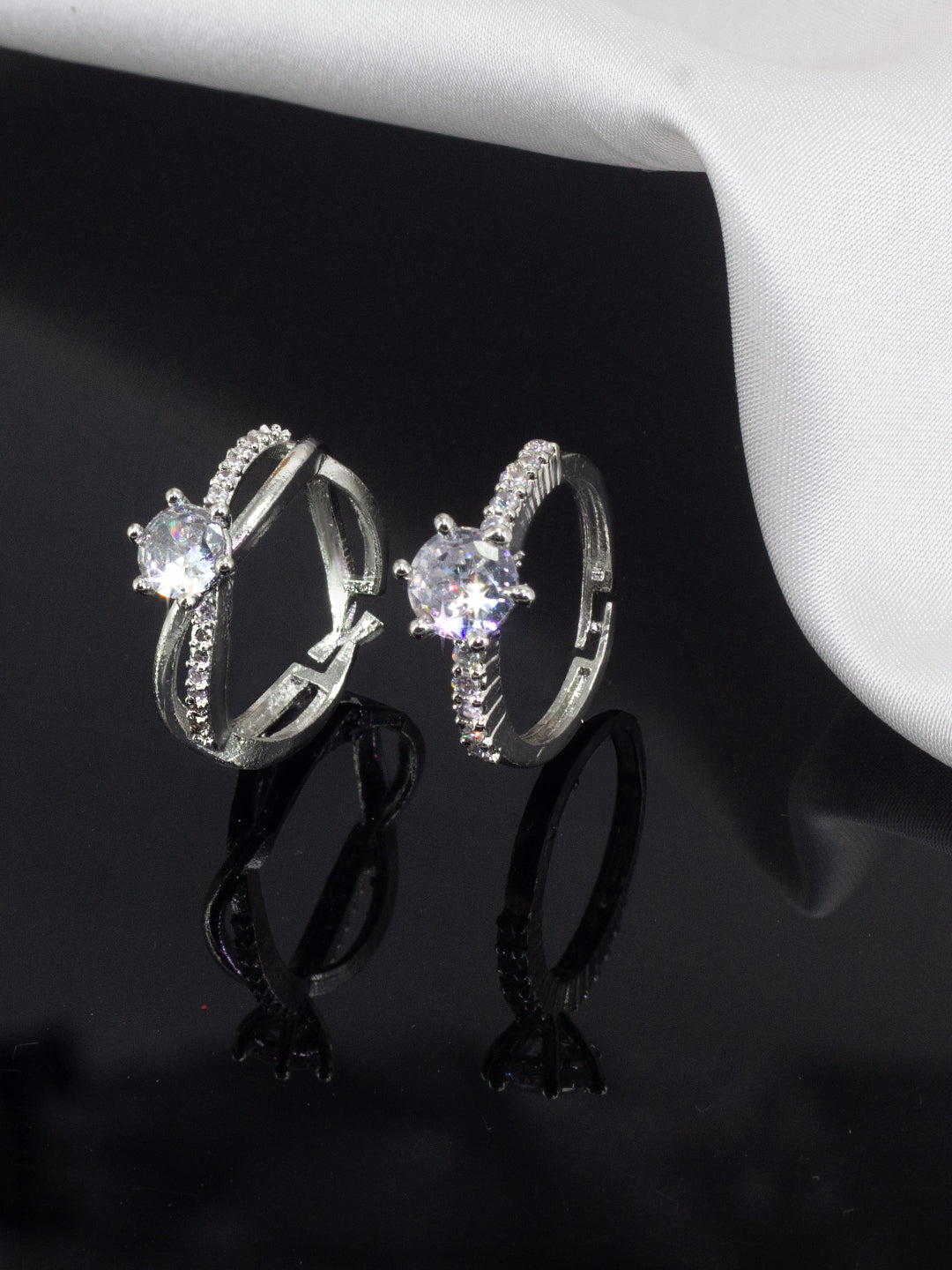 Set Of Two Rhodium Plated Solitaire American Diamond Trendy Adjustable Finger Rings