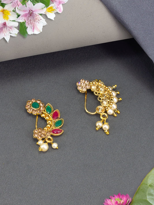 Set of 2 Gold Plated Artificial Stones & Beads Studded Non-Piercing Nosepin