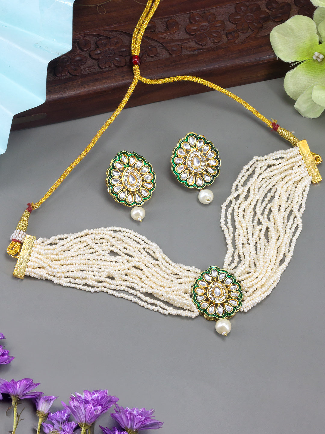 Gold Plated Kundan & Beaded Multi Strand Choker Jewellery Set