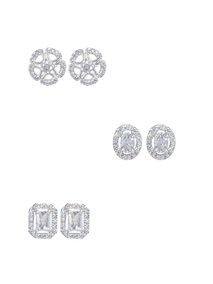 Set Of Three Rhodium Plated Geometric American Diamond Earrings