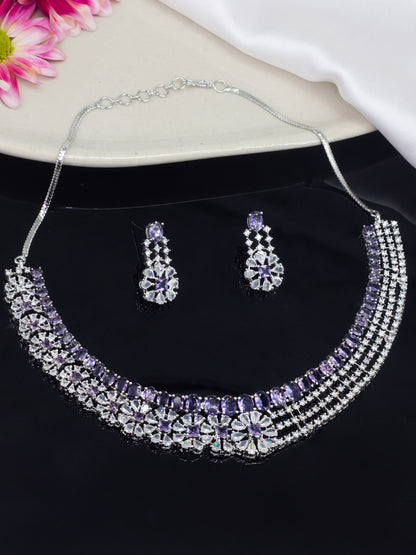 Rhodium Plated Purple Floral AD Statement Jewellery Set