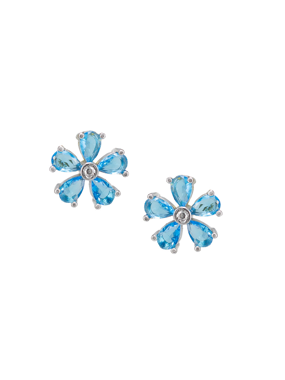 Rhodium Plated Aqua Blue Floral American Diamond Stud Earrings