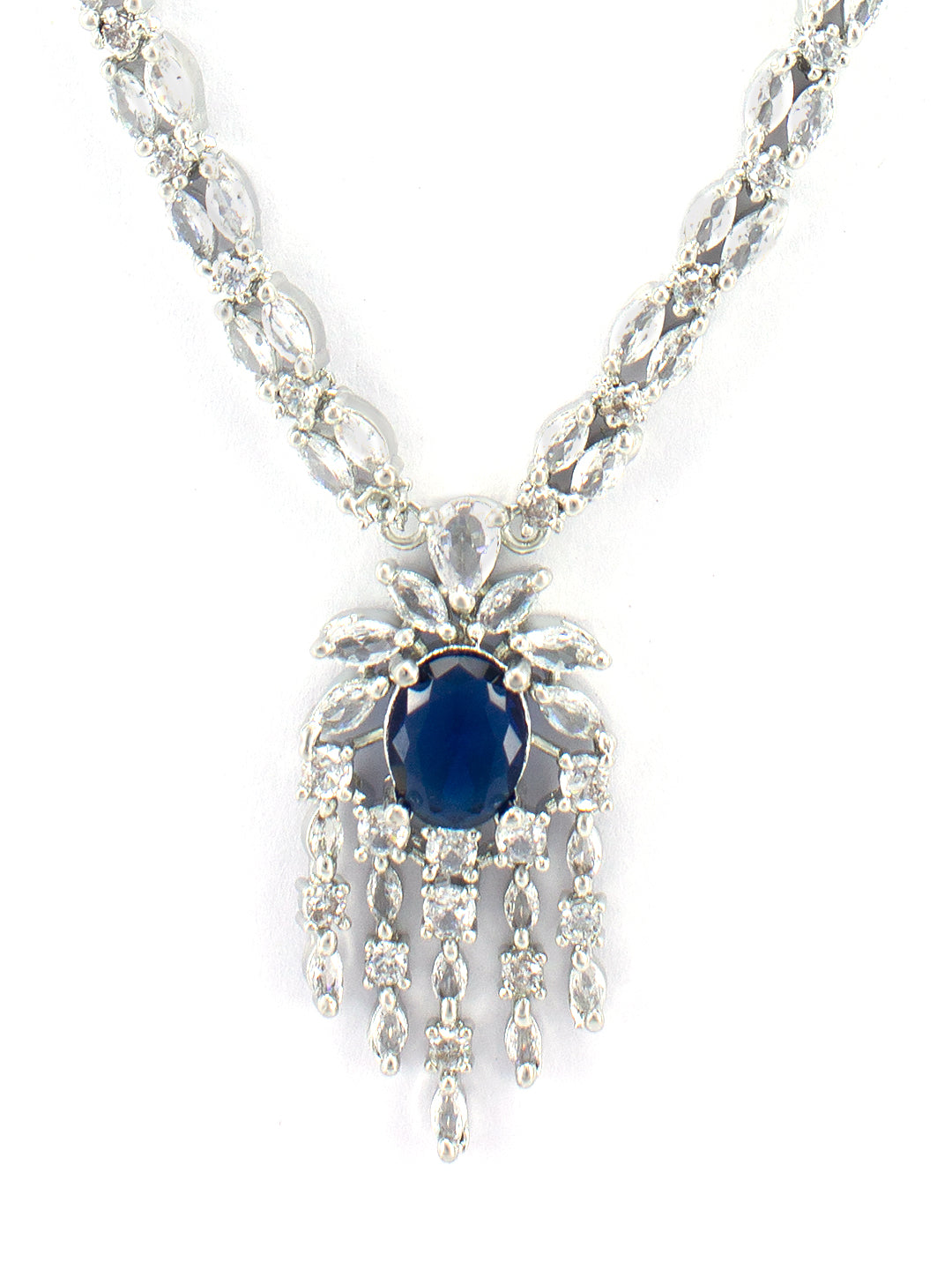 Rhodium Plated Blue American Dimaond Studded Jewellery Set