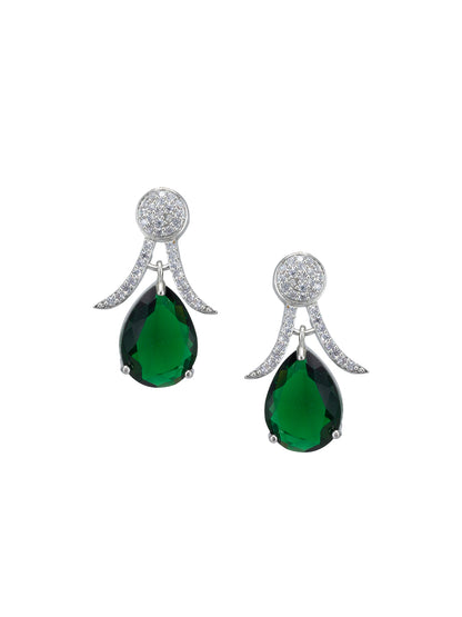 Rhodium Plated American Diamond Studded Emerald Green Earrings