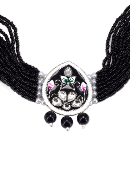 Silver Plated Black Kundan Studded & Beaded Choker Jewellery Set