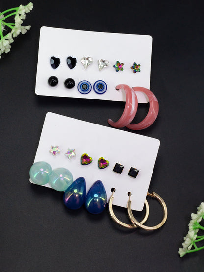 Pack of 12 Multi Colour Drop, Hoop & Studs Earrings