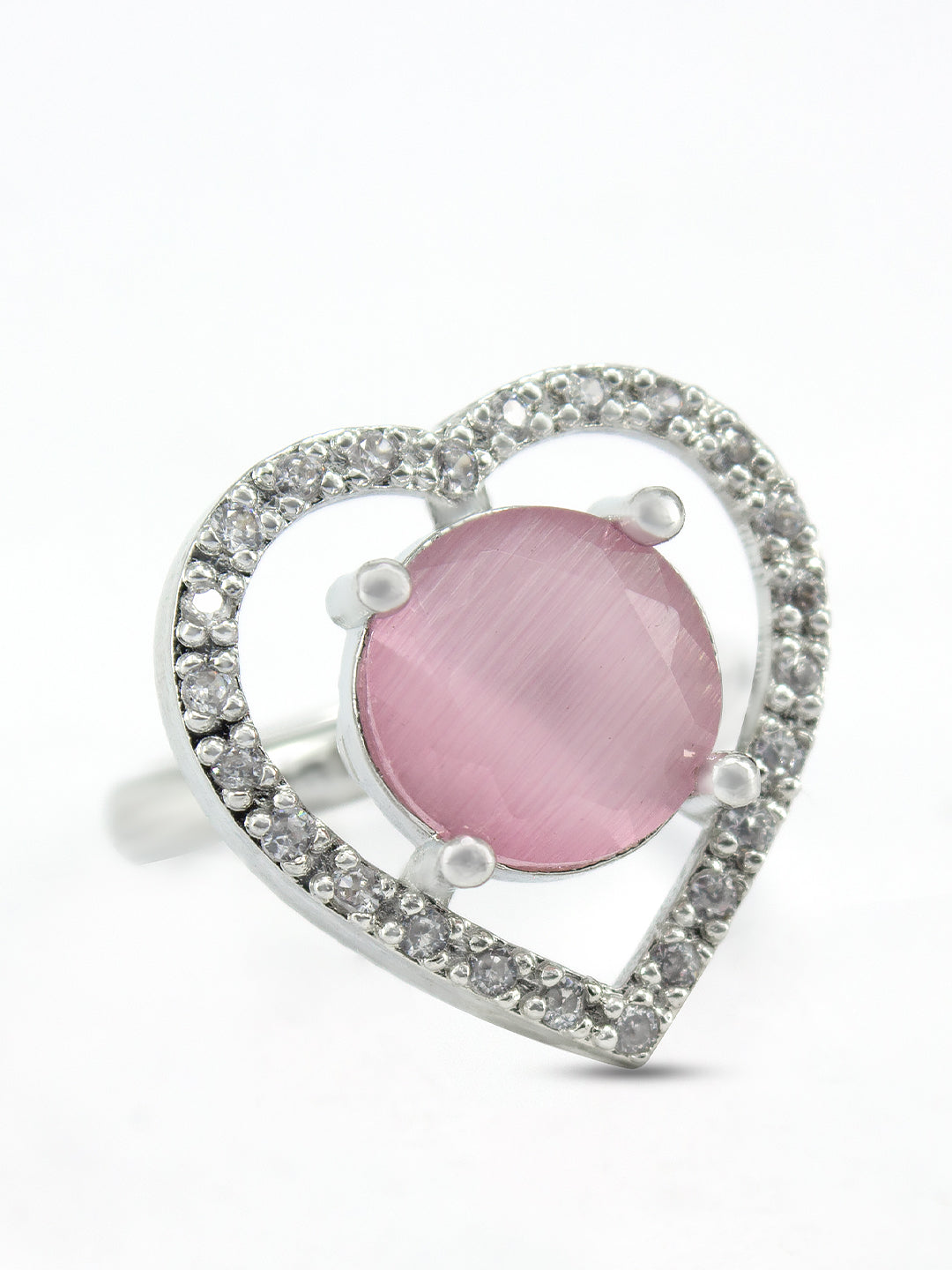 Rhodium Plated Pink Heart Shaped American Diamond Adjustable Finger Ring