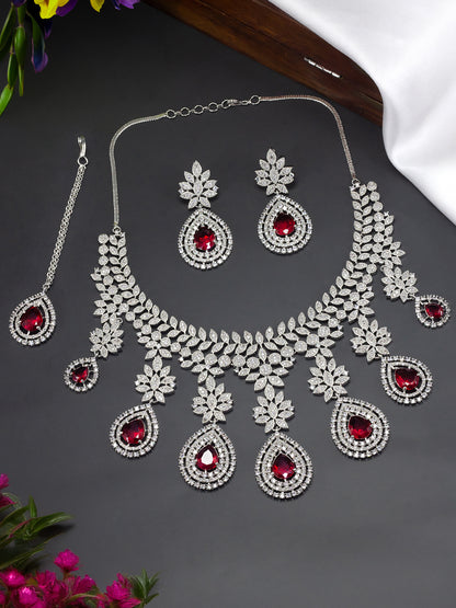 Rhodium Plated Red American Diamond Teardrop Jewellery Set