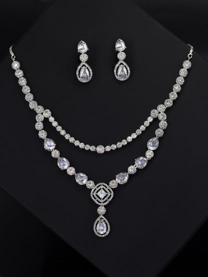 Rhodium Plated Double Layered & Teardrop AD Jewellery Set