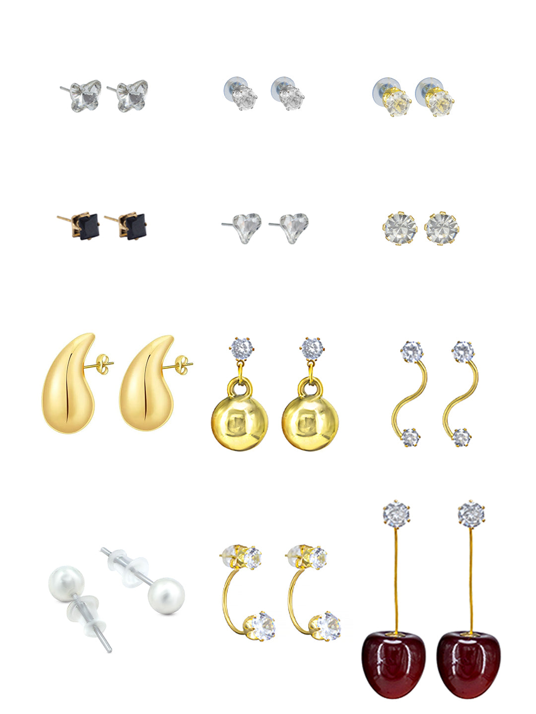 Pack of 12 Gold Plated Drop, Dangle & Studs Earrings