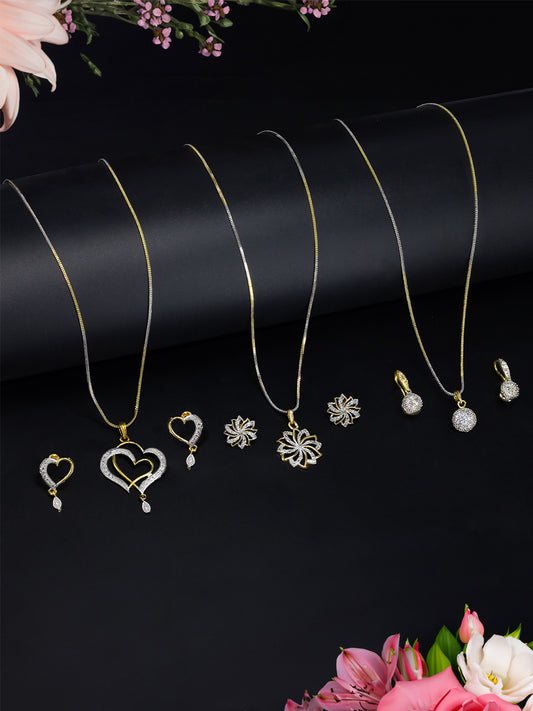 Set of 3 Gold Plated American Diamond Heart, Floral & Round Shaped Pendant & Earring Set