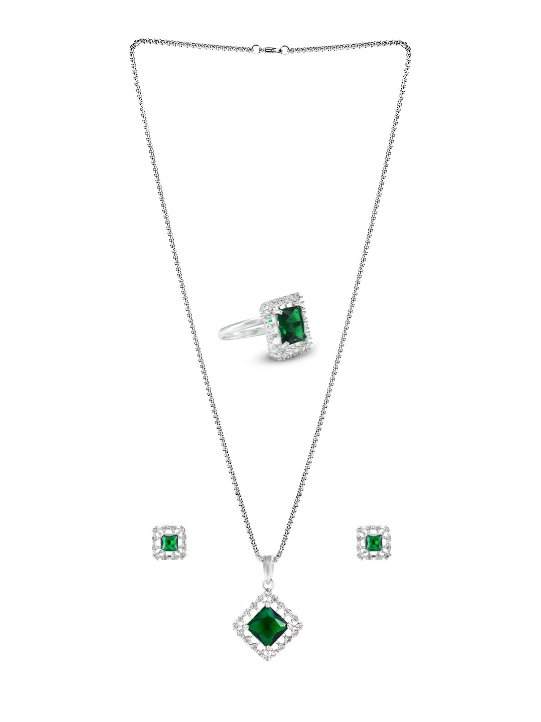 Rhodium Plated Green American Diamond Studded Pendant Set With Ring