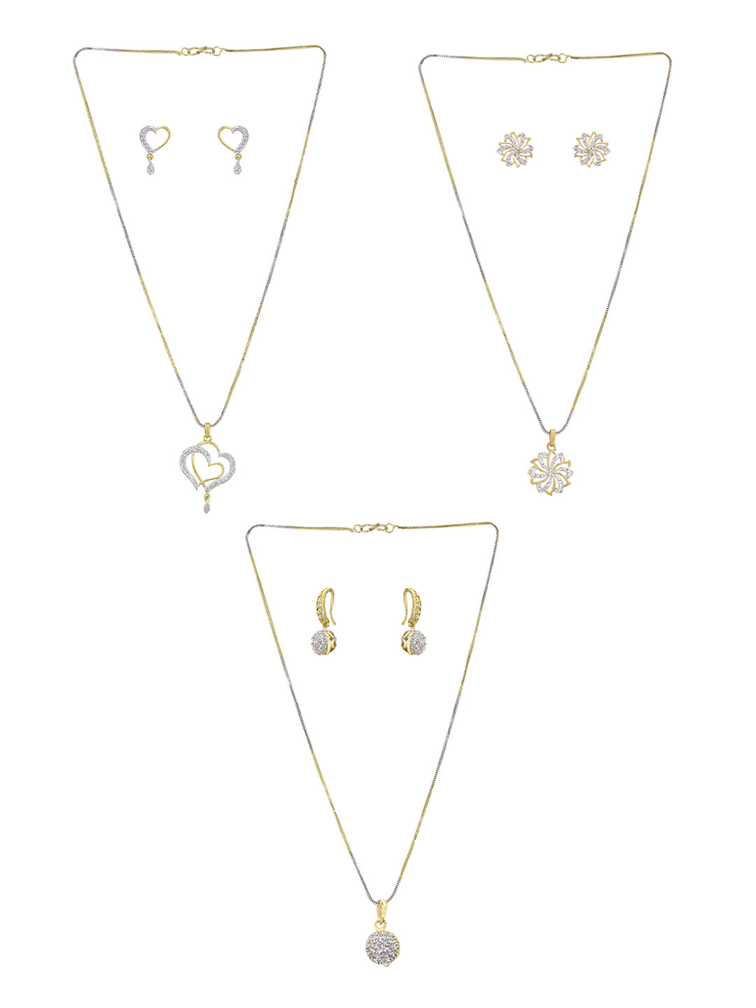 Set of 3 Gold Plated American Diamond Heart, Floral & Round Shaped Pendant & Earring Set