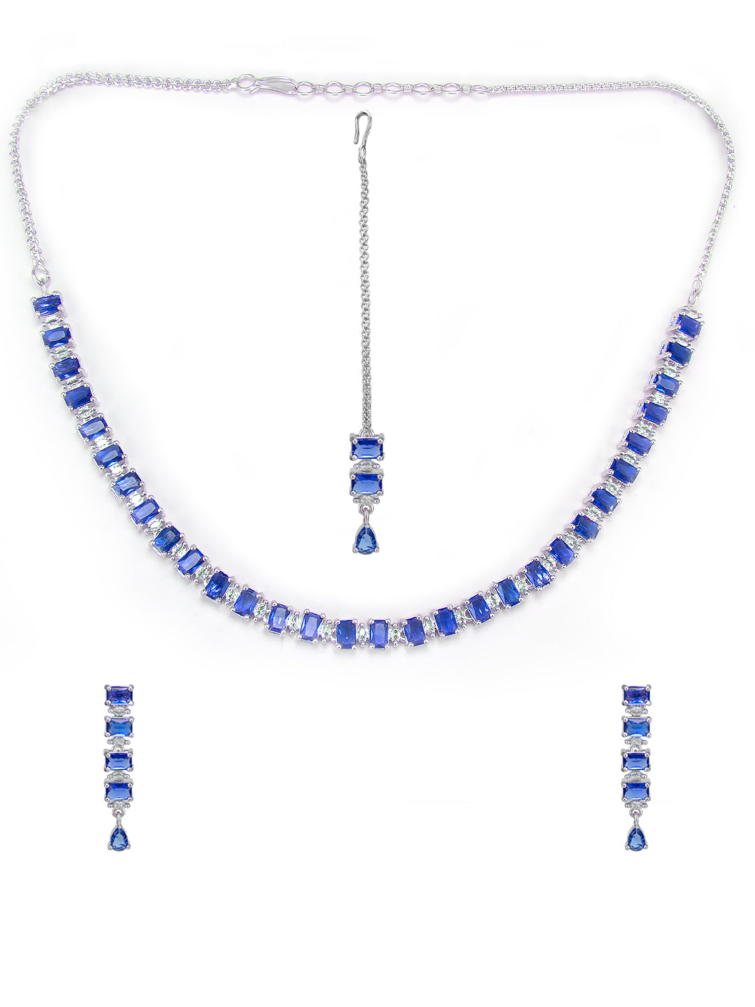 Rhodium-Plated Blue American Diamond Studded Jewellery Set With Maangtika