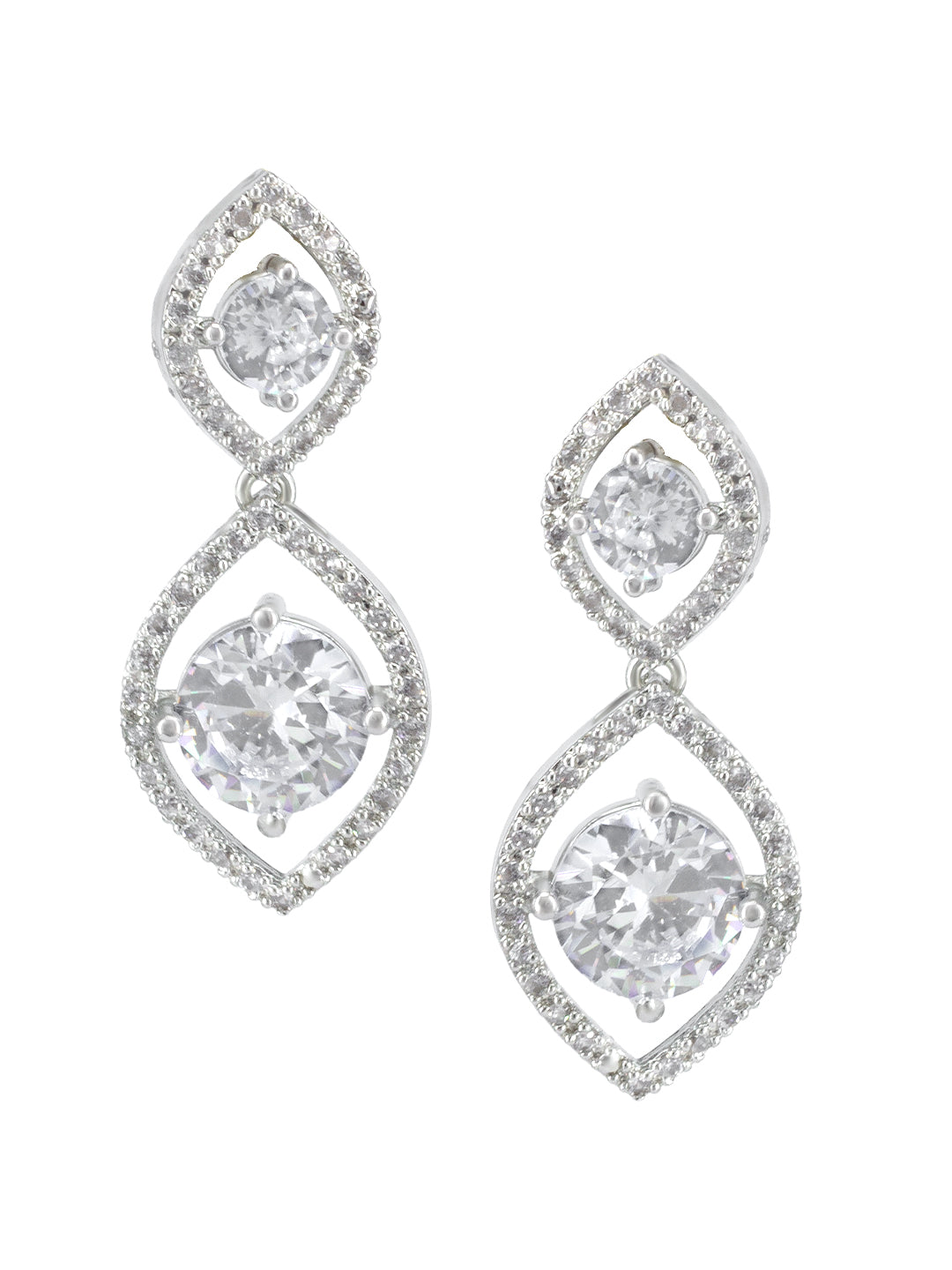 Rhodium-Plated American Diamond Studded Long Necklace & Earrings Set