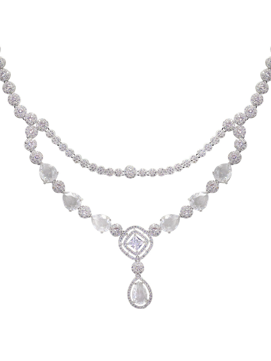 Rhodium Plated Double Layered & Teardrop AD Jewellery Set