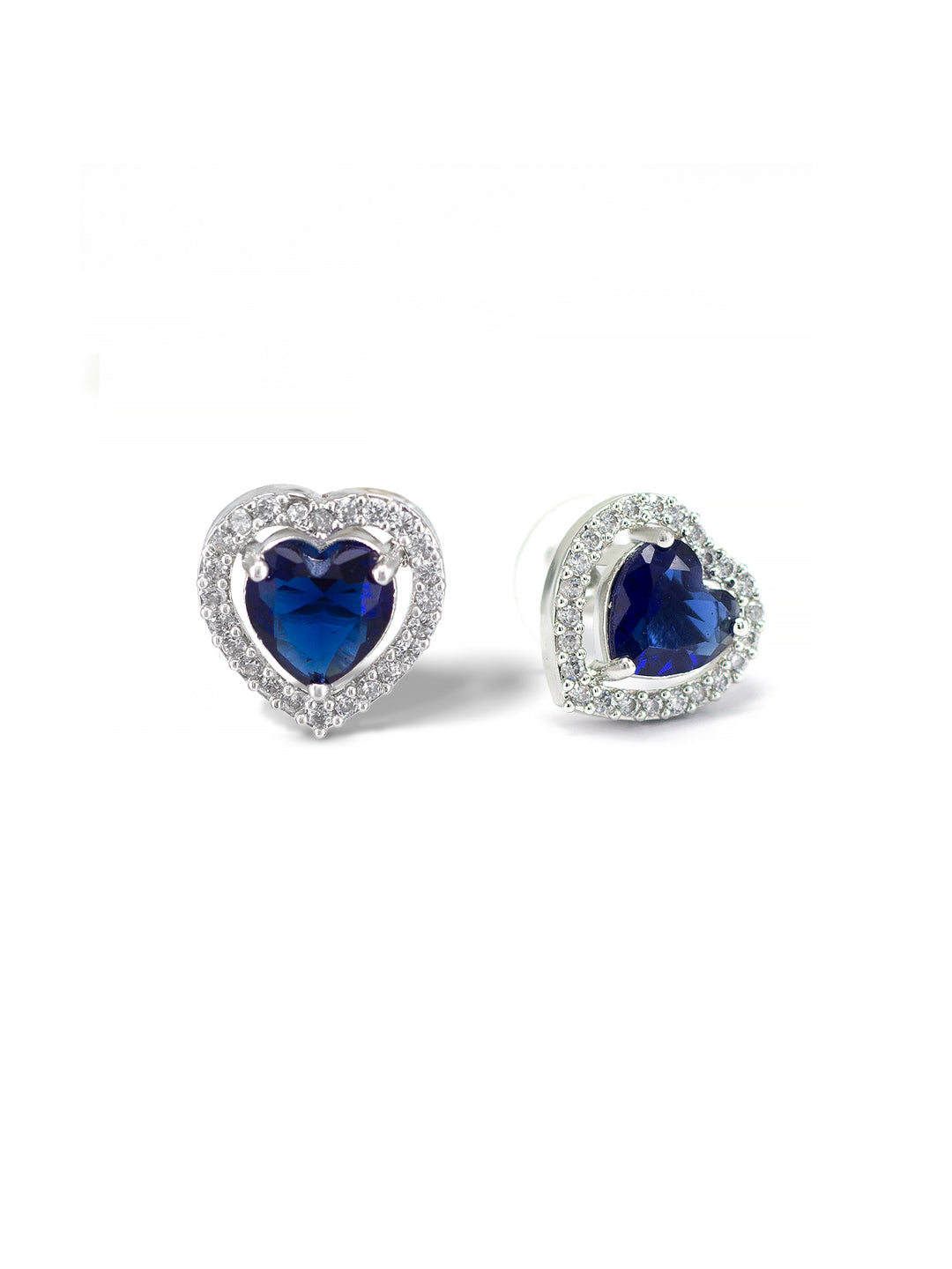 Rhodium Plated Blue Heart American Diamond Stud Trendy Earrings