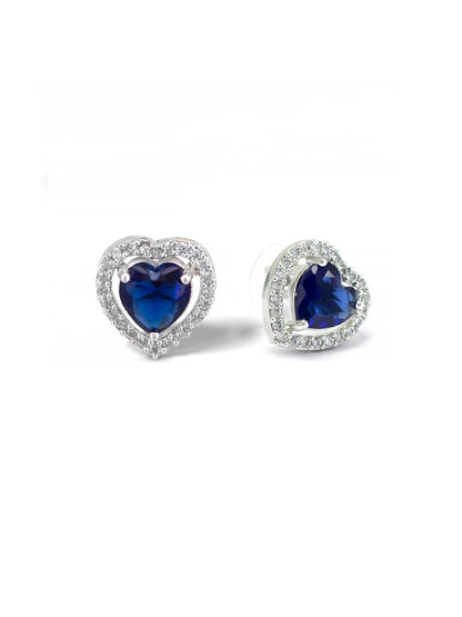 Rhodium Plated Blue Heart American Diamond Stud Trendy Earrings