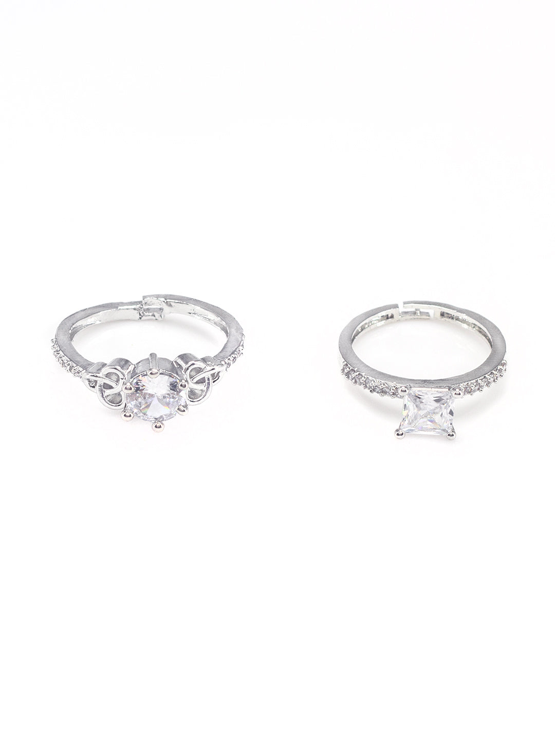 Set Of Two Rhodium Plated Solitaire American Diamond Trendy Adjustable Finger Rings