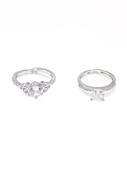 Set Of Two Rhodium Plated Solitaire American Diamond Trendy Adjustable Finger Rings