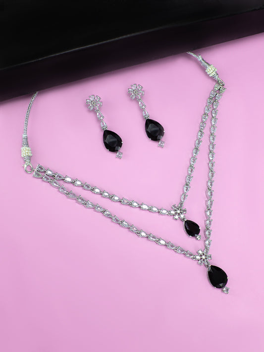 Rhodium Plated Double Layered American Dimaond Studded Jewellery Set