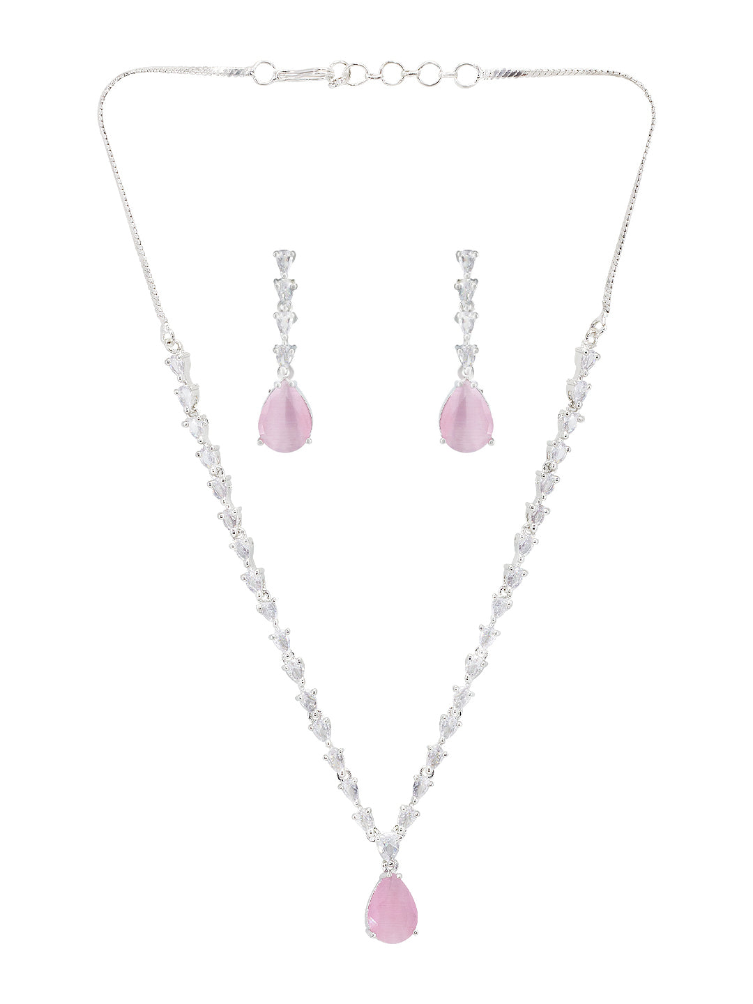 Rhodium-Plated Pink American Diamond Studded Necklace & Earrings Set