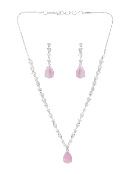 Rhodium-Plated Pink American Diamond Studded Necklace & Earrings Set