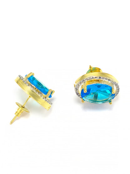 Gold Plated Aqua Blue American Diamond Stud Earrings