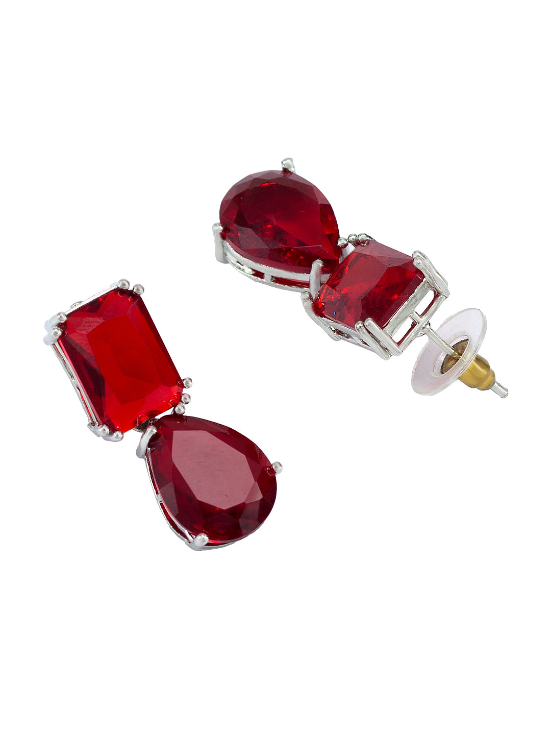 Rhodium Plated Red American Diamond Drop Earrings