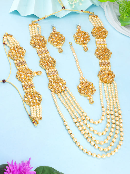 Gold-Plated Pearl Beaded Long & Short Necklace & Earrings Jewellery Set With Maangtika