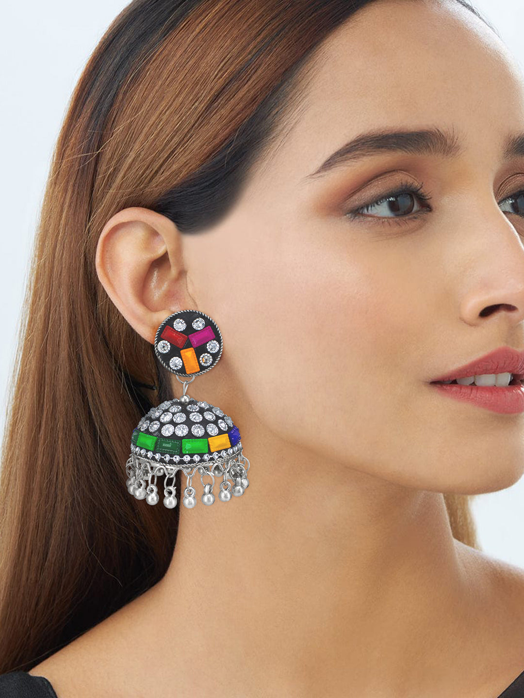 Pack of 2 Silver-Plated Stones Studded and Beaded Dome Shaped Jhumkas