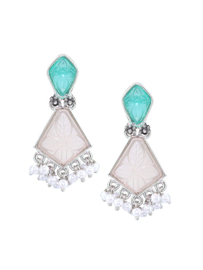 Silver-Plated Geometric Stone Studded Drop Earrings