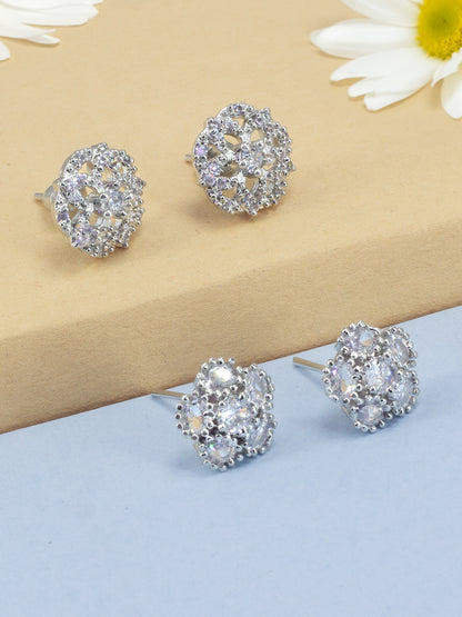 Set Of Two Rhodium Plated Floral American Diamond Earrings