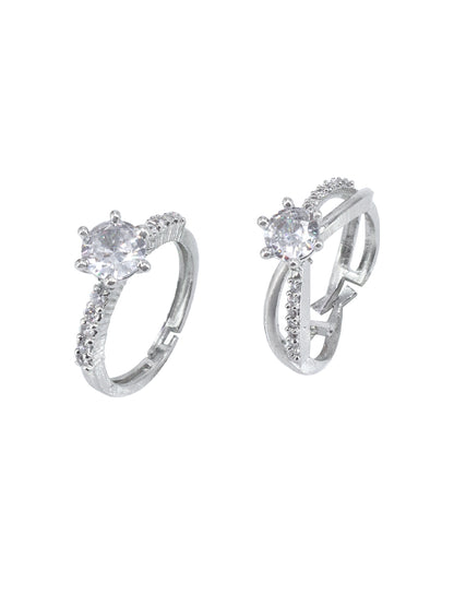 Set Of Two Rhodium Plated Solitaire American Diamond Trendy Adjustable Finger Rings